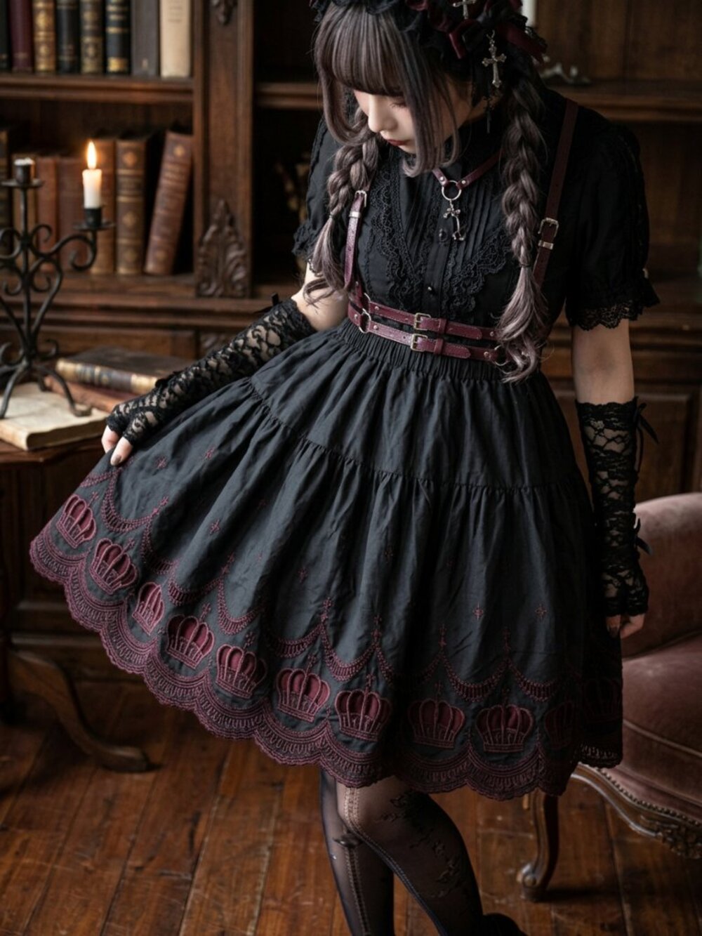 BLACK PEACE NOW Dark Lolita crown embroidered skirt RARE HTF